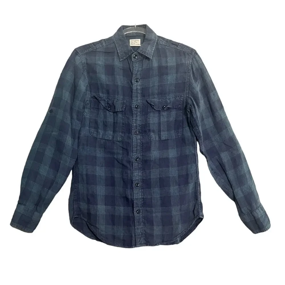J. Crew Mens XS Authentic Workwear 100% Linen Blue Plaid Long Sleeve Button Down